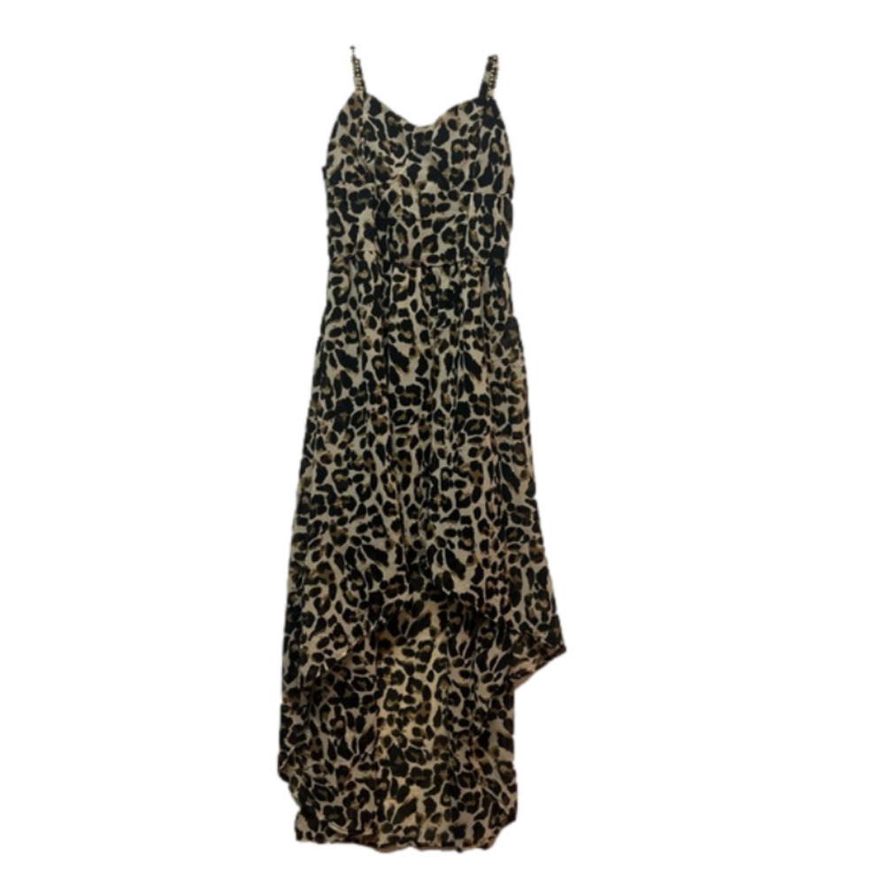 Dress Club Women’s Sheer Studded Straps Cheetah Print Dress Size Large High Low